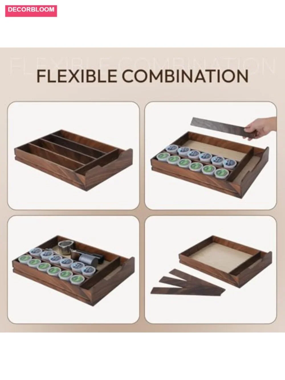 Solid Walnut Coffee Pod Organizer - 35-Capacity Drawer with Dividers